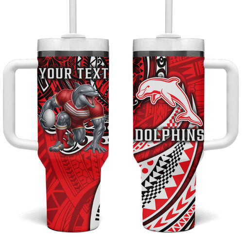Personalised Dolphins Tumbler With Handle Polynesian Tribal Art Style With Muscular Dolphin Mascot