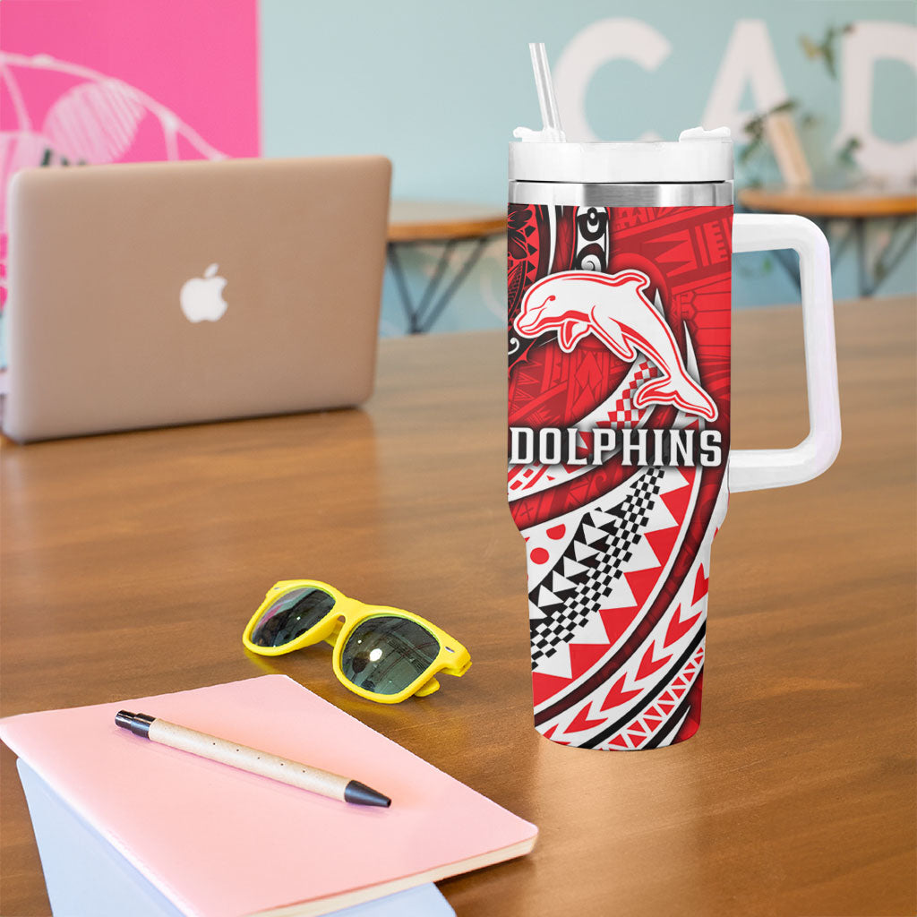 Personalised Dolphins Tumbler With Handle Polynesian Tribal Art Style With Muscular Dolphin Mascot