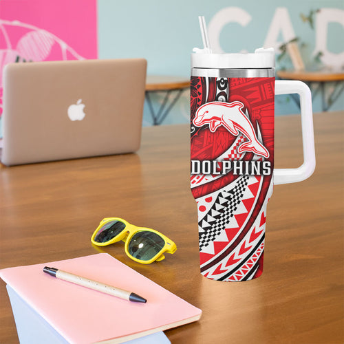 Personalised Dolphins Tumbler With Handle Polynesian Tribal Art Style With Muscular Dolphin Mascot