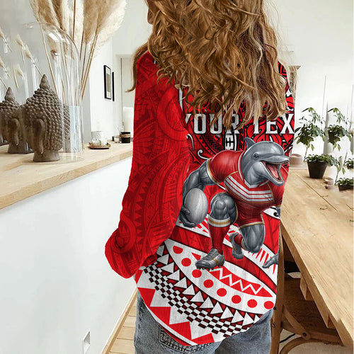 Personalised Dolphins Women Casual Shirt Polynesian Tribal Art Style With Muscular Dolphin Mascot