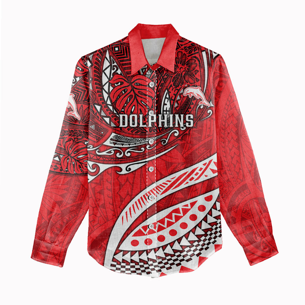 Personalised Dolphins Women Casual Shirt Polynesian Tribal Art Style With Muscular Dolphin Mascot