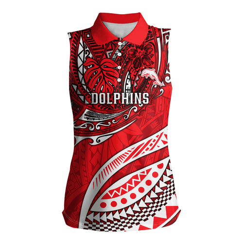 Personalised Dolphins Women Sleeveless Polo Shirt Polynesian Tribal Art Style With Muscular Dolphin Mascot