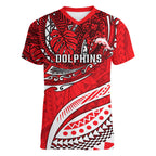 Personalised Dolphins Women V-Neck T-Shirt Polynesian Tribal Art Style With Muscular Dolphin Mascot