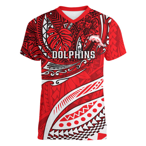 Personalised Dolphins Women V-Neck T-Shirt Polynesian Tribal Art Style With Muscular Dolphin Mascot