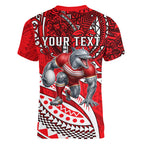 Personalised Dolphins Women V-Neck T-Shirt Polynesian Tribal Art Style With Muscular Dolphin Mascot