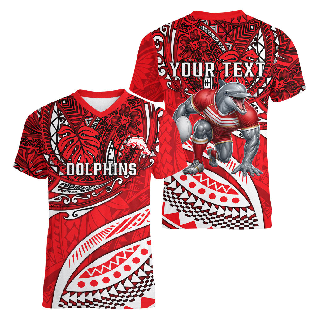 Personalised Dolphins Women V-Neck T-Shirt Polynesian Tribal Art Style With Muscular Dolphin Mascot