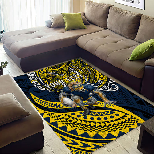 Personalised North Queensland Cowboys Area Rug Polynesian Tribal Art Style With Powerful Blue Heeler Mascot