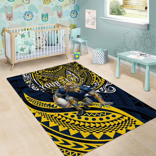 Personalised North Queensland Cowboys Area Rug Polynesian Tribal Art Style With Powerful Blue Heeler Mascot