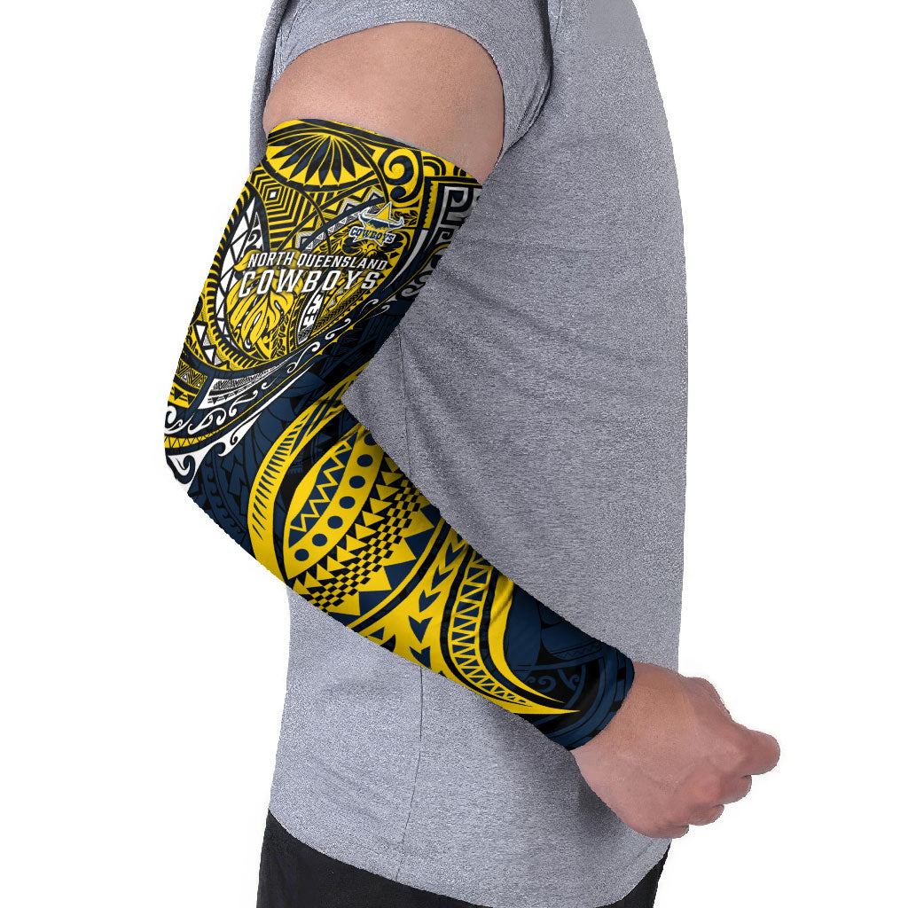 Personalised North Queensland Cowboys Arm Sleeves Polynesian Tribal Art Style With Powerful Blue Heeler Mascot