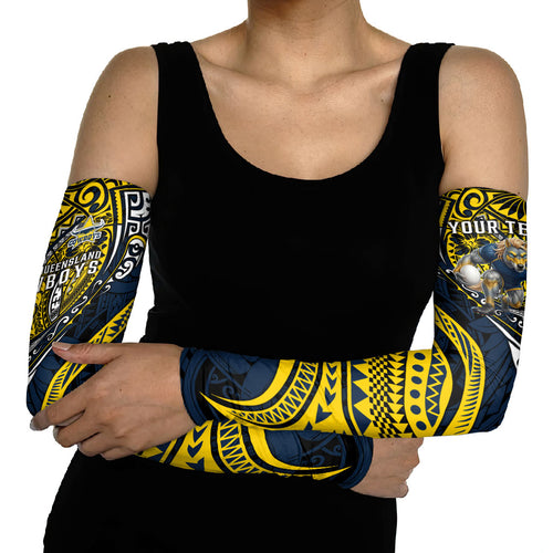 Personalised North Queensland Cowboys Arm Sleeves Polynesian Tribal Art Style With Powerful Blue Heeler Mascot