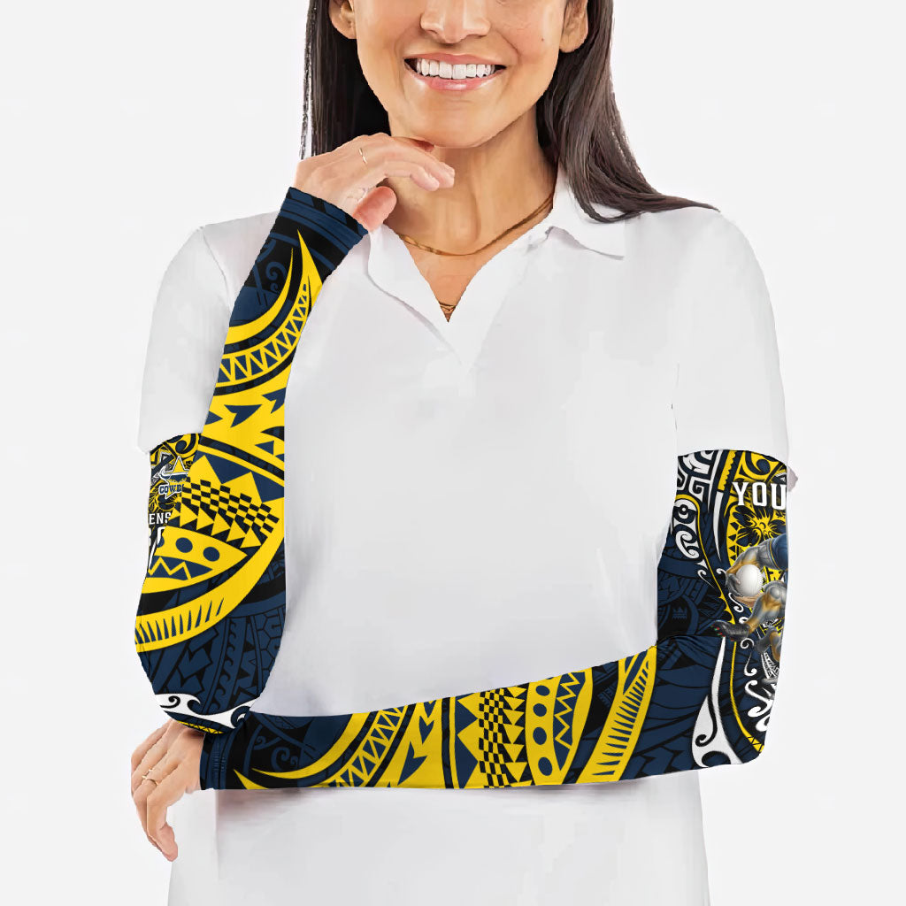 Personalised North Queensland Cowboys Arm Sleeves Polynesian Tribal Art Style With Powerful Blue Heeler Mascot