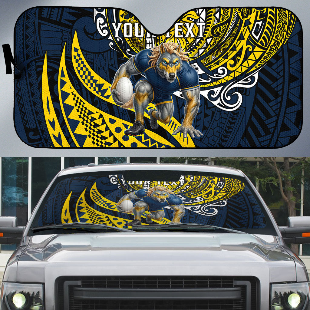 Personalised North Queensland Cowboys Auto Sun Shade Polynesian Tribal Art Style With Powerful Blue Heeler Mascot