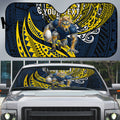 Personalised North Queensland Cowboys Auto Sun Shade Polynesian Tribal Art Style With Powerful Blue Heeler Mascot