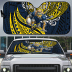 Personalised North Queensland Cowboys Auto Sun Shade Polynesian Tribal Art Style With Powerful Blue Heeler Mascot