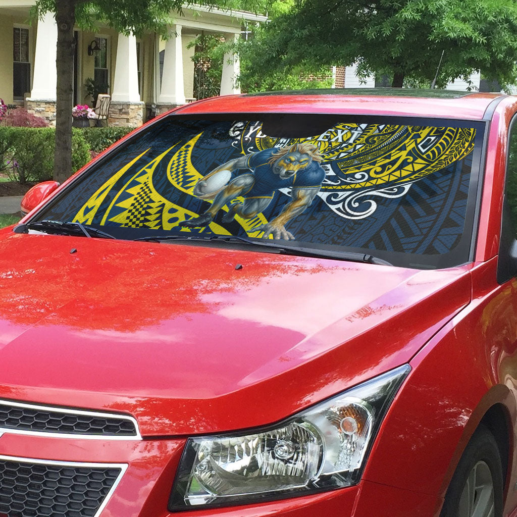 Personalised North Queensland Cowboys Auto Sun Shade Polynesian Tribal Art Style With Powerful Blue Heeler Mascot
