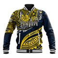Personalised North Queensland Cowboys Baseball Jacket Polynesian Tribal Art Style With Powerful Blue Heeler Mascot