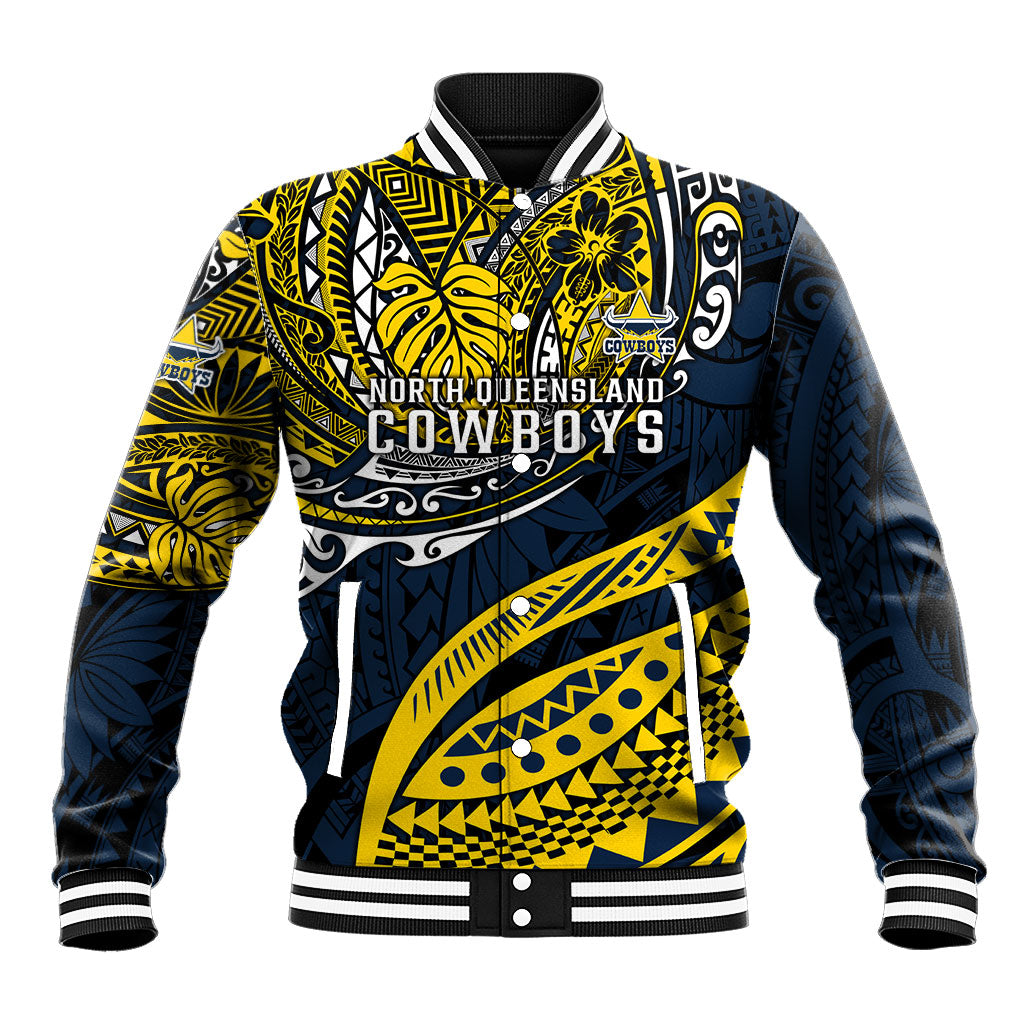 Personalised North Queensland Cowboys Baseball Jacket Polynesian Tribal Art Style With Powerful Blue Heeler Mascot