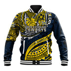 Personalised North Queensland Cowboys Baseball Jacket Polynesian Tribal Art Style With Powerful Blue Heeler Mascot
