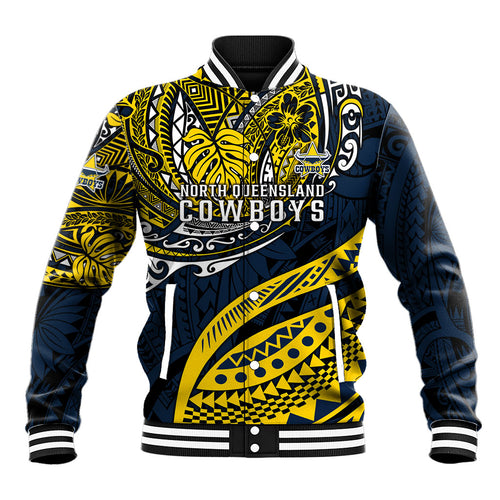 Personalised North Queensland Cowboys Baseball Jacket Polynesian Tribal Art Style With Powerful Blue Heeler Mascot