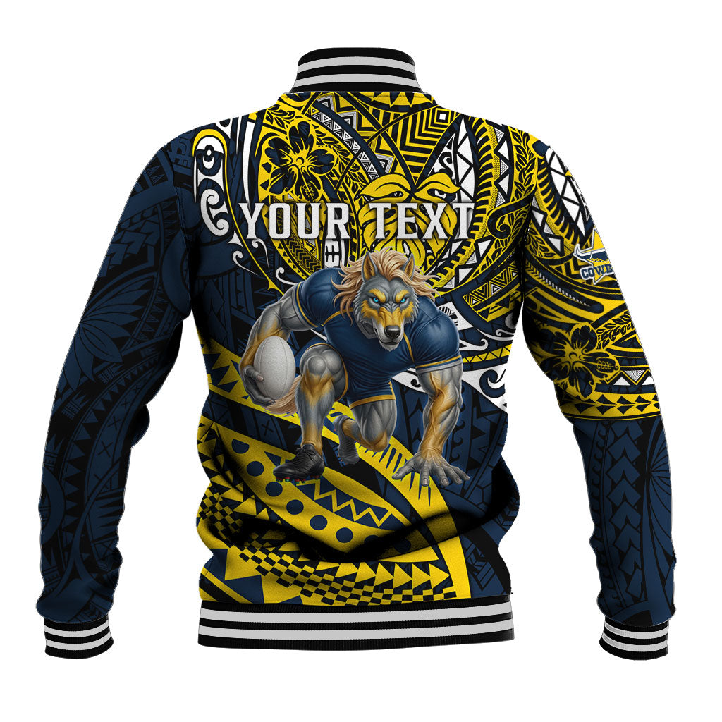 Personalised North Queensland Cowboys Baseball Jacket Polynesian Tribal Art Style With Powerful Blue Heeler Mascot