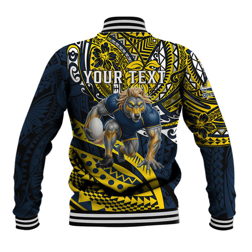 Personalised North Queensland Cowboys Baseball Jacket Polynesian Tribal Art Style With Powerful Blue Heeler Mascot