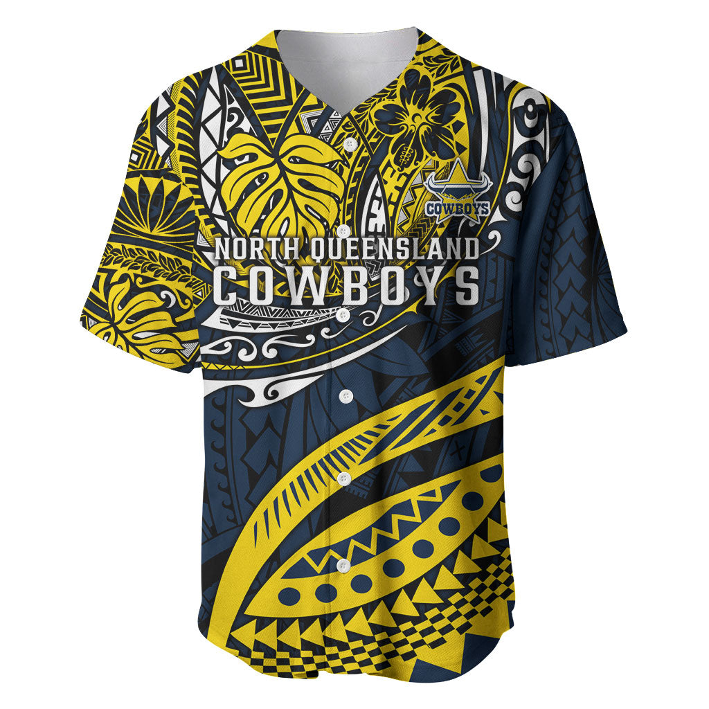 Personalised North Queensland Cowboys Baseball Jersey Polynesian Tribal Art Style With Powerful Blue Heeler Mascot