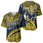 Personalised North Queensland Cowboys Baseball Jersey Polynesian Tribal Art Style With Powerful Blue Heeler Mascot
