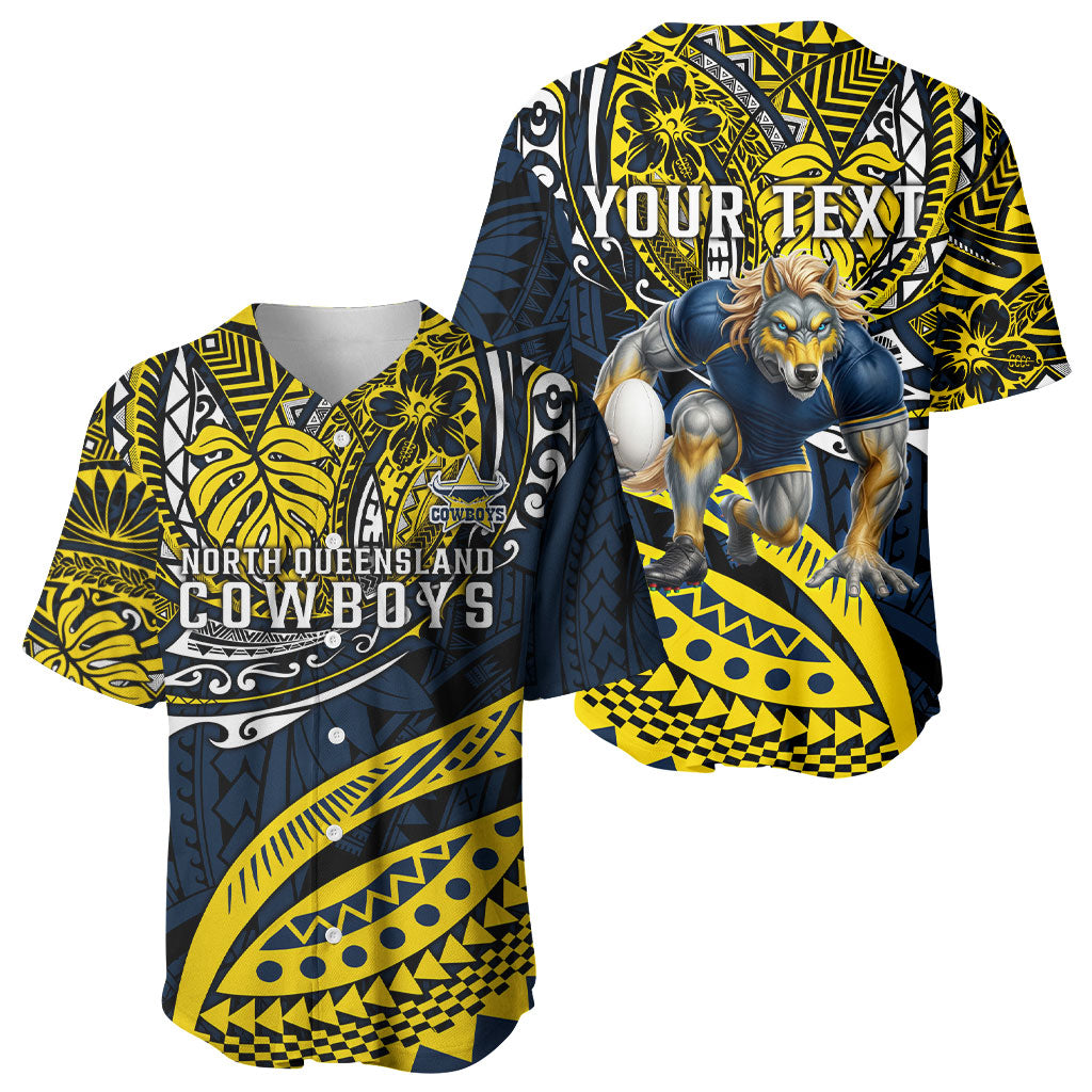 Personalised North Queensland Cowboys Baseball Jersey Polynesian Tribal Art Style With Powerful Blue Heeler Mascot