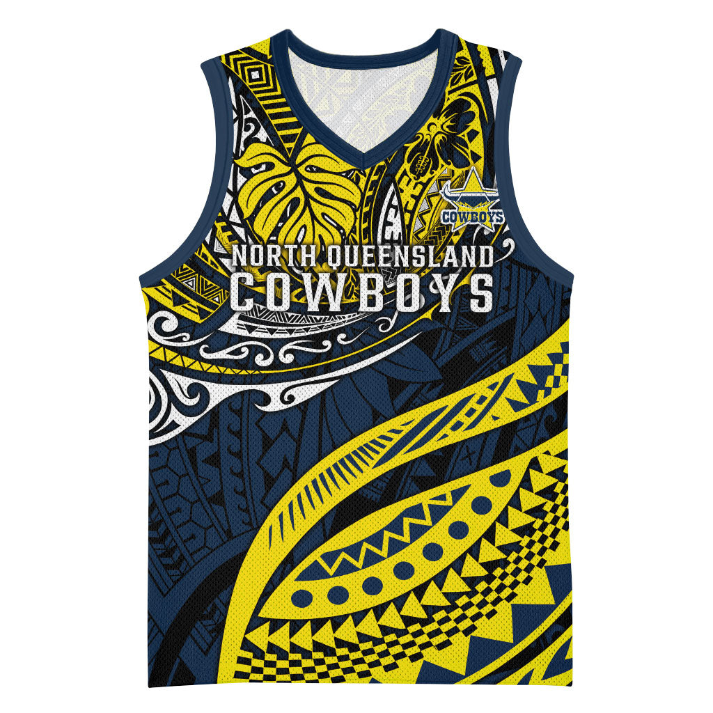 Personalised North Queensland Cowboys Basketball Jersey Polynesian Tribal Art Style With Powerful Blue Heeler Mascot