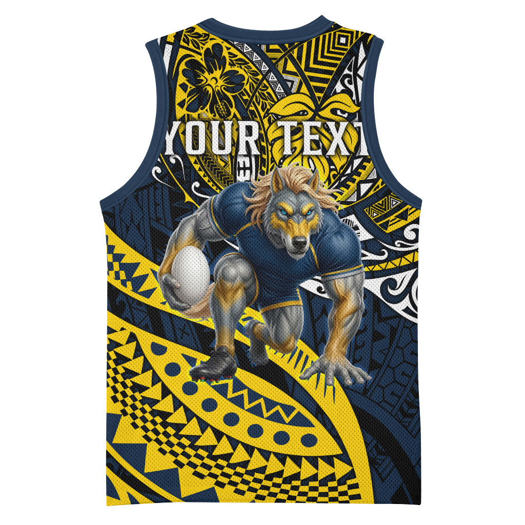 Personalised North Queensland Cowboys Basketball Jersey Polynesian Tribal Art Style With Powerful Blue Heeler Mascot
