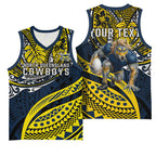 Personalised North Queensland Cowboys Basketball Jersey Polynesian Tribal Art Style With Powerful Blue Heeler Mascot