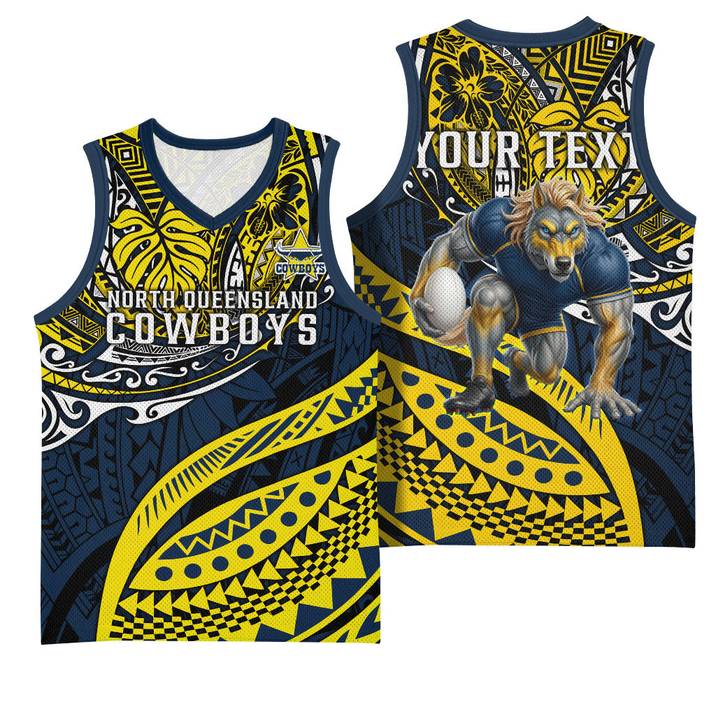 Personalised North Queensland Cowboys Basketball Jersey Polynesian Tribal Art Style With Powerful Blue Heeler Mascot