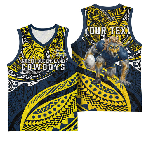 Personalised North Queensland Cowboys Basketball Jersey Polynesian Tribal Art Style With Powerful Blue Heeler Mascot