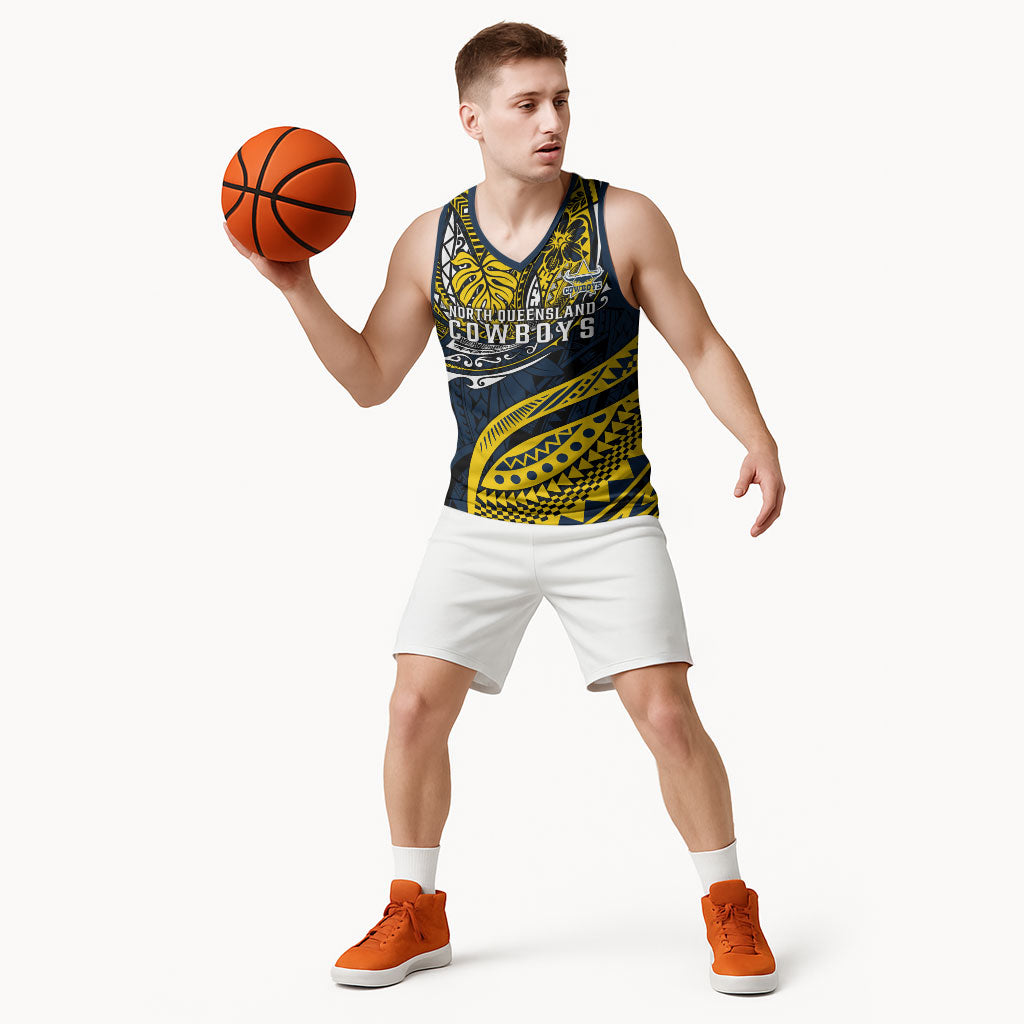 Personalised North Queensland Cowboys Basketball Jersey Polynesian Tribal Art Style With Powerful Blue Heeler Mascot