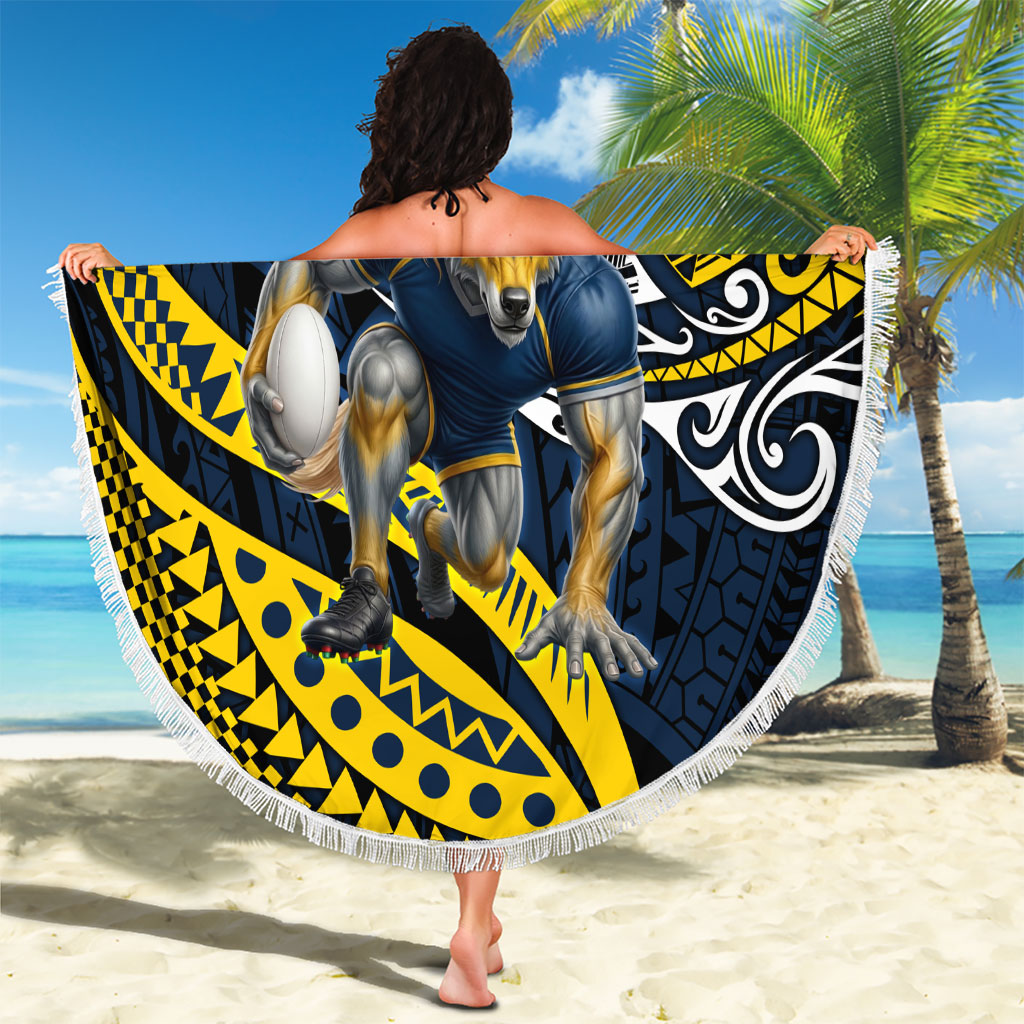 Personalised North Queensland Cowboys Beach Blanket Polynesian Tribal Art Style With Powerful Blue Heeler Mascot