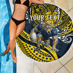 Personalised North Queensland Cowboys Beach Blanket Polynesian Tribal Art Style With Powerful Blue Heeler Mascot