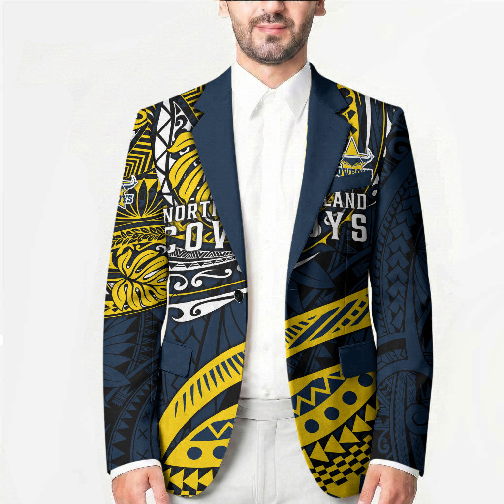 Personalised North Queensland Cowboys Blazer Polynesian Tribal Art Style With Powerful Blue Heeler Mascot