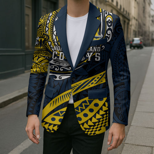 Personalised North Queensland Cowboys Blazer Polynesian Tribal Art Style With Powerful Blue Heeler Mascot