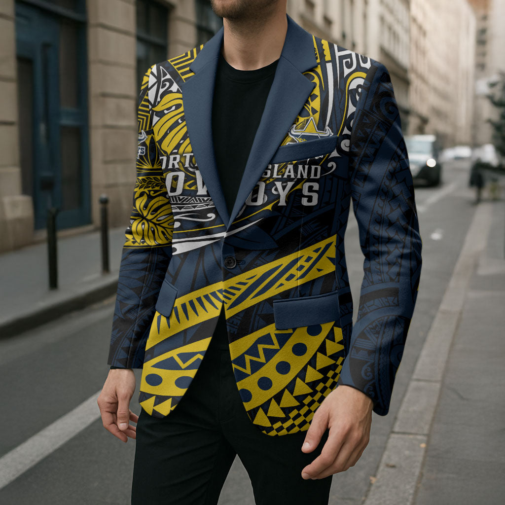 Personalised North Queensland Cowboys Blazer Polynesian Tribal Art Style With Powerful Blue Heeler Mascot