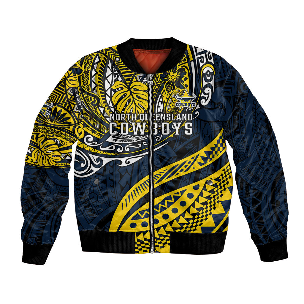 Personalised North Queensland Cowboys Bomber Jacket Polynesian Tribal Art Style With Powerful Blue Heeler Mascot