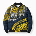 Personalised North Queensland Cowboys Bomber Puffer Jacket Polynesian Tribal Art Style With Powerful Blue Heeler Mascot