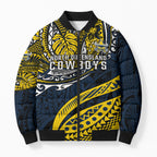 Personalised North Queensland Cowboys Bomber Puffer Jacket Polynesian Tribal Art Style With Powerful Blue Heeler Mascot