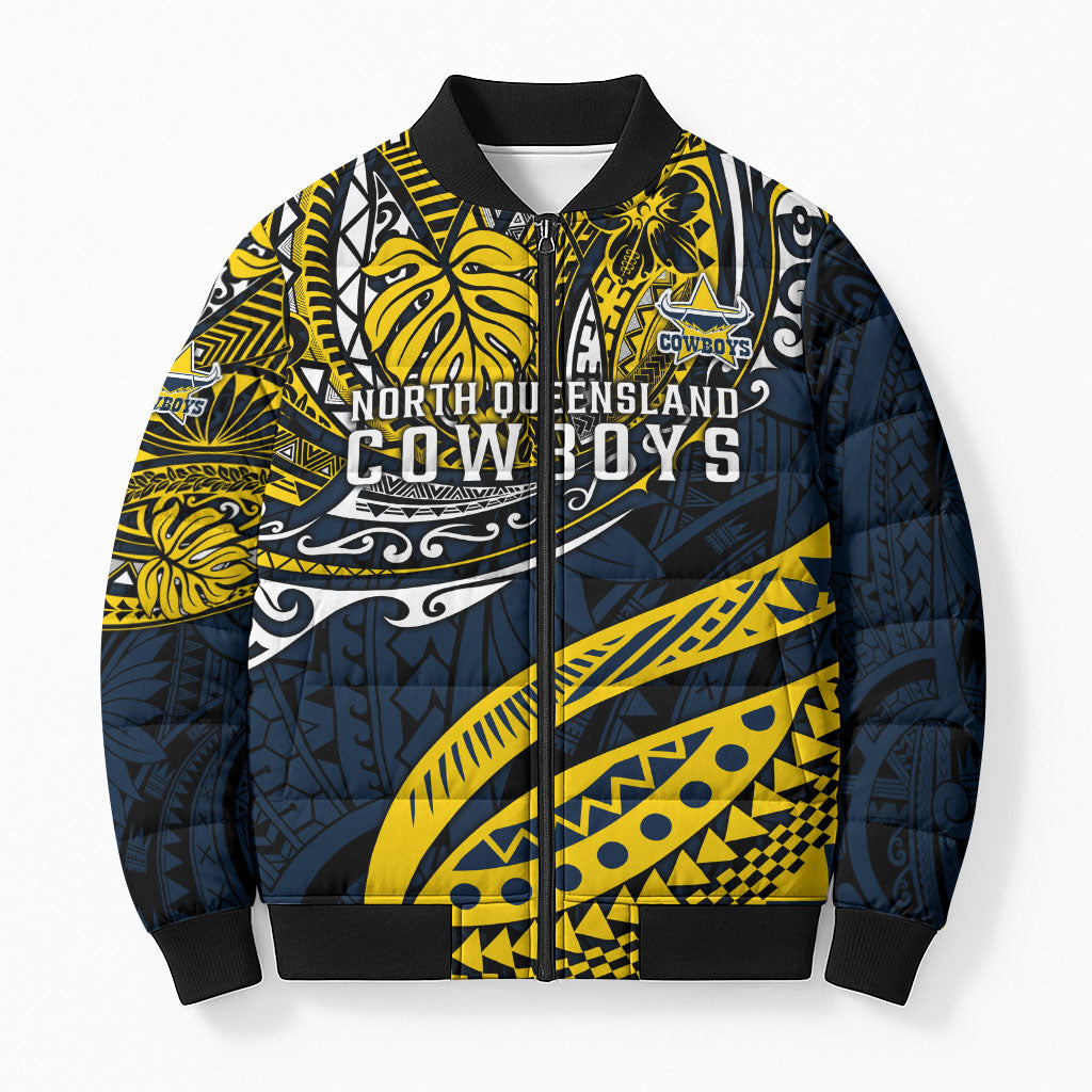 Personalised North Queensland Cowboys Bomber Puffer Jacket Polynesian Tribal Art Style With Powerful Blue Heeler Mascot