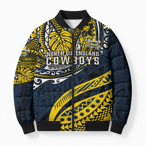 Personalised North Queensland Cowboys Bomber Puffer Jacket Polynesian Tribal Art Style With Powerful Blue Heeler Mascot