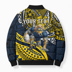 Personalised North Queensland Cowboys Bomber Puffer Jacket Polynesian Tribal Art Style With Powerful Blue Heeler Mascot