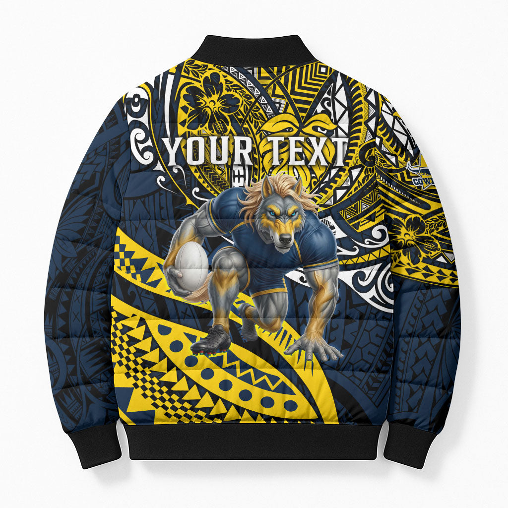 Personalised North Queensland Cowboys Bomber Puffer Jacket Polynesian Tribal Art Style With Powerful Blue Heeler Mascot