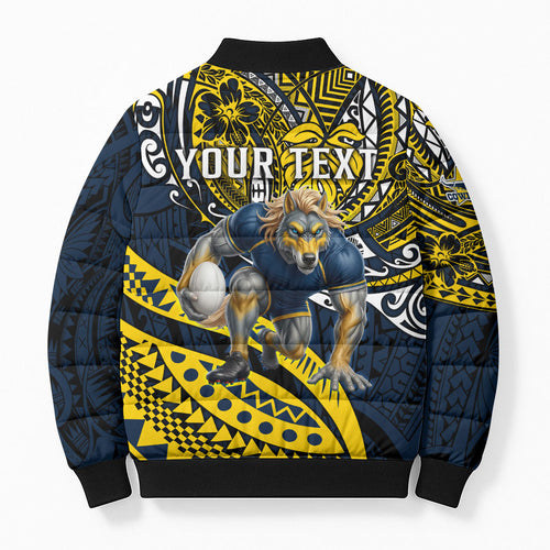 Personalised North Queensland Cowboys Bomber Puffer Jacket Polynesian Tribal Art Style With Powerful Blue Heeler Mascot