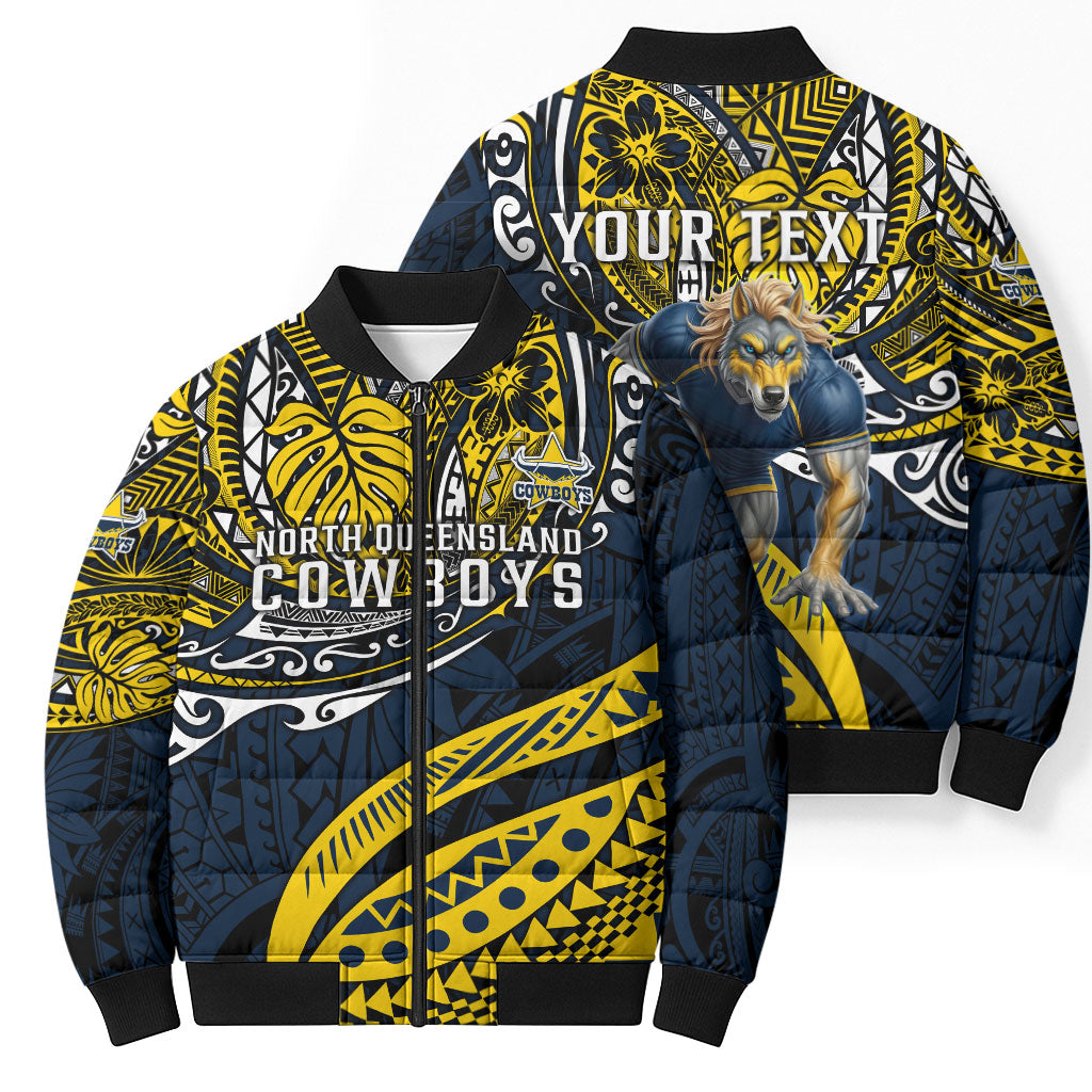 Personalised North Queensland Cowboys Bomber Puffer Jacket Polynesian Tribal Art Style With Powerful Blue Heeler Mascot