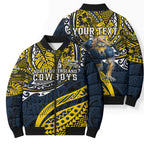 Personalised North Queensland Cowboys Bomber Puffer Jacket Polynesian Tribal Art Style With Powerful Blue Heeler Mascot