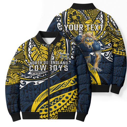 Personalised North Queensland Cowboys Bomber Puffer Jacket Polynesian Tribal Art Style With Powerful Blue Heeler Mascot
